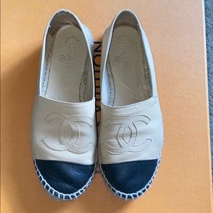 Chanel Beige/Black Lambskin Espadrilles Flats
